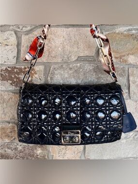 Dior Black Quilted Patent Leather Shoulder Bag with Scarf-Wrapped Chain